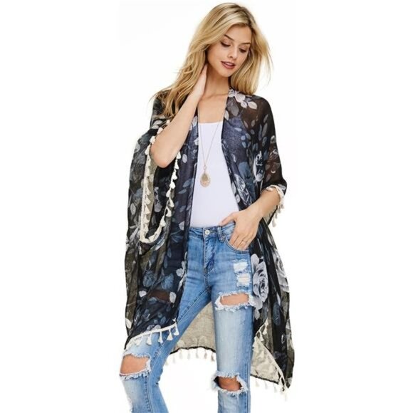 Blue Floral Print Fringe Open Kimono Shawl Cardigan Kaftan Poncho Cover-Up‎ Vest - Picture 1 of 4